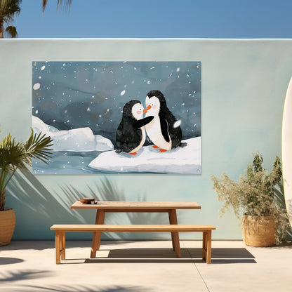 Knuffelende pinguïns in een winterse sneeuwbui tuinposter