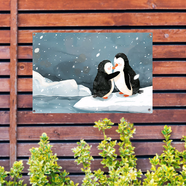 Knuffelende pinguïns in een winterse sneeuwbui tuinposter