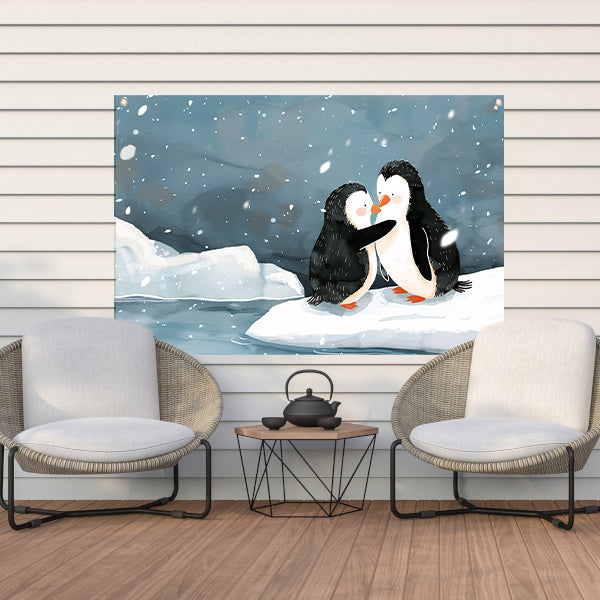 Knuffelende pinguïns in een winterse sneeuwbui tuinposter