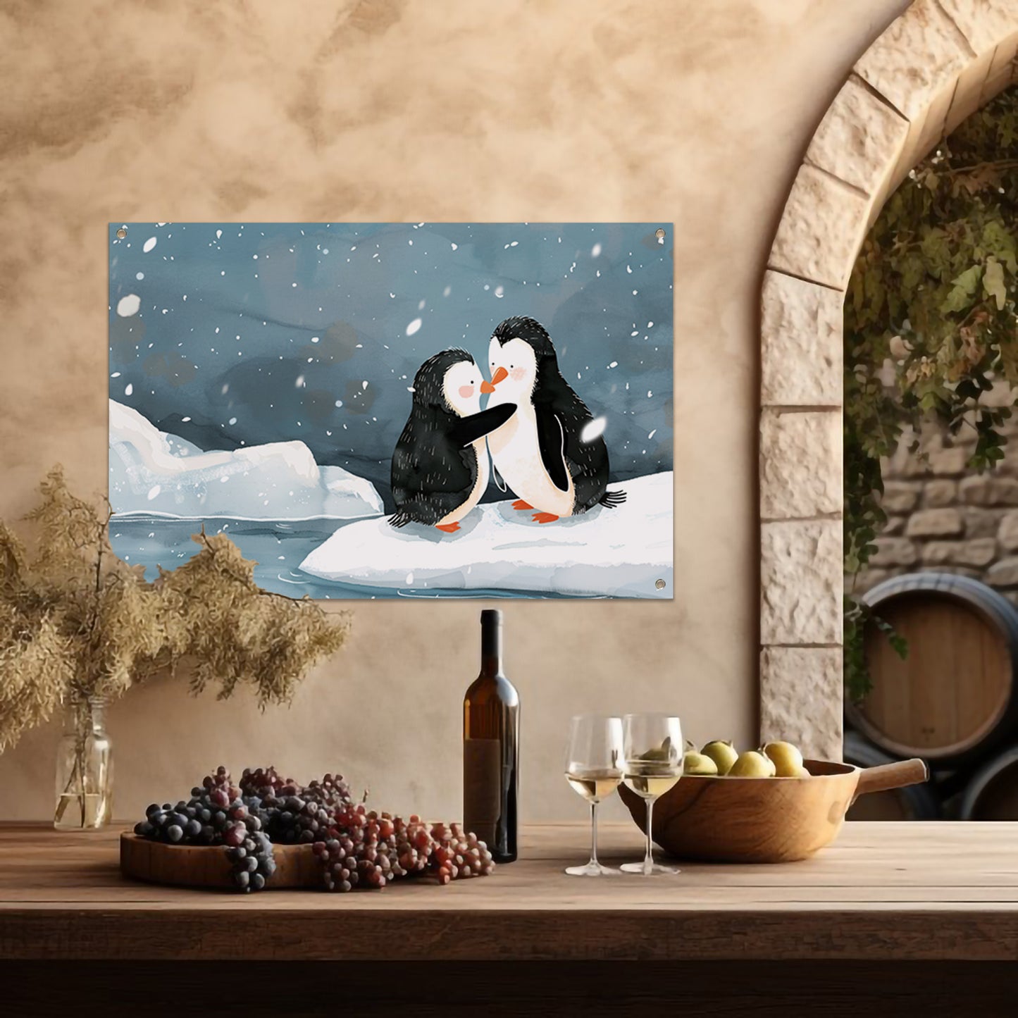 Knuffelende pinguïns in een winterse sneeuwbui tuinposter