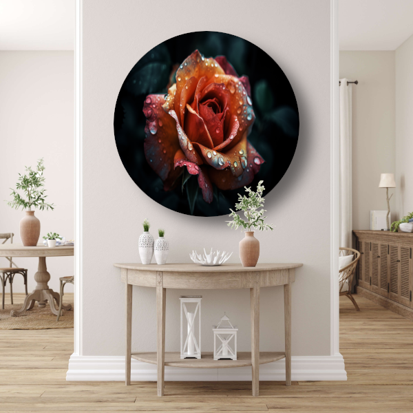 Rozen close-up met waterdruppels aluminium muurcirkel