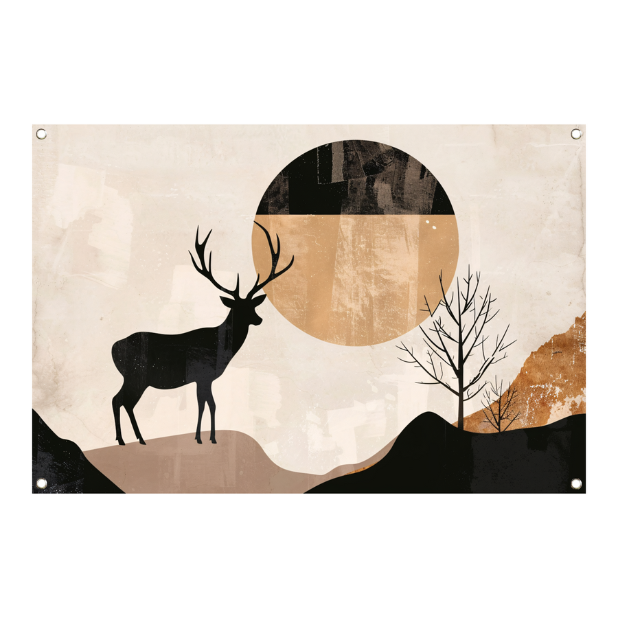 Silhouet van een hert bij nacht en natuur tuinposter