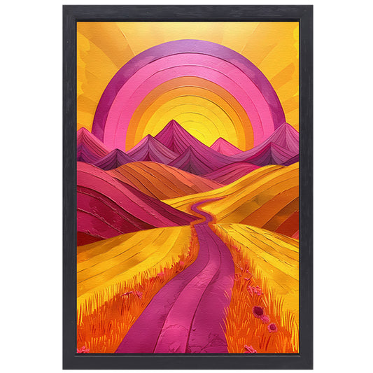 Kleurrijke Abstracte Bergen en Kronkelende Weg canvas met baklijst
