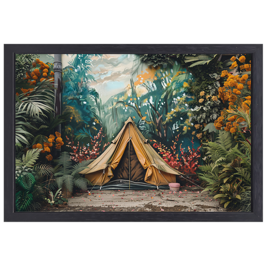 Kampeertent in een dromerig kleurrijk bos canvas met baklijst