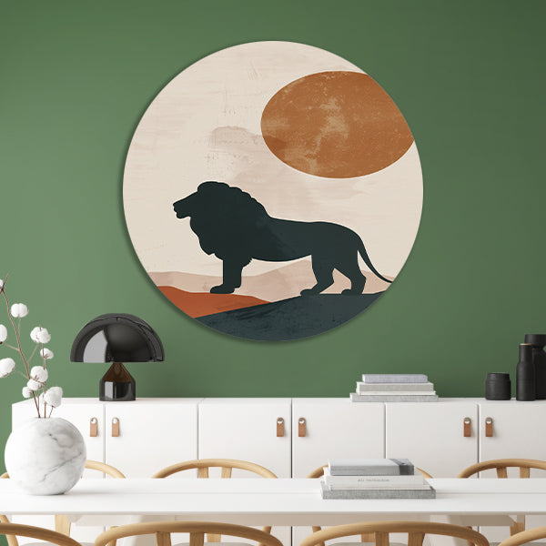 Leeuw silhouet tegen oranje zon in minimalistische stijl forex muurcirkel