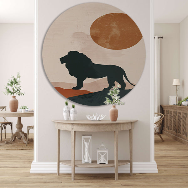 Leeuw silhouet tegen oranje zon in minimalistische stijl forex muurcirkel