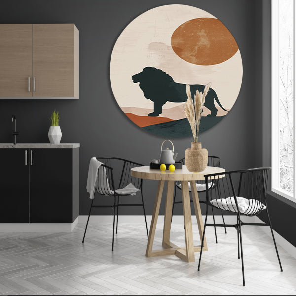 Leeuw silhouet tegen oranje zon in minimalistische stijl forex muurcirkel