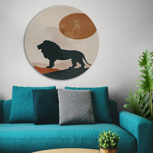 Leeuw silhouet tegen oranje zon in minimalistische stijl forex muurcirkel