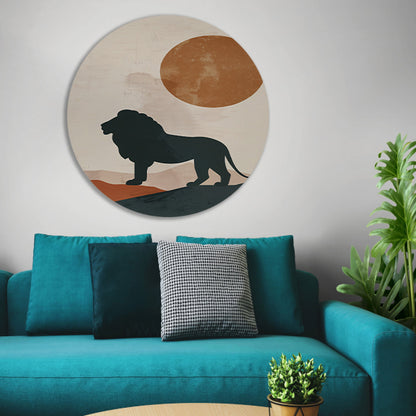 Leeuw silhouet tegen oranje zon in minimalistische stijl forex muurcirkel
