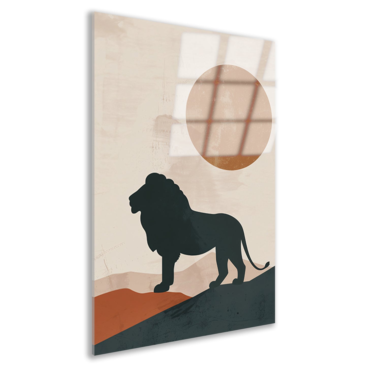Leeuw silhouet tegen oranje zon in minimalistische stijl acrylglas