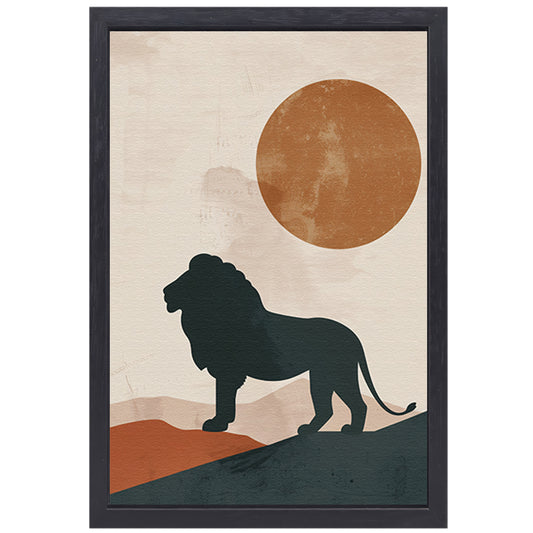 Leeuw silhouet tegen oranje zon in minimalistische stijl canvas met baklijst