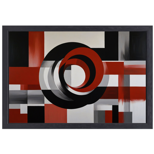 Abstract minimalisme met rode en zwarte cirkels canvas met baklijst