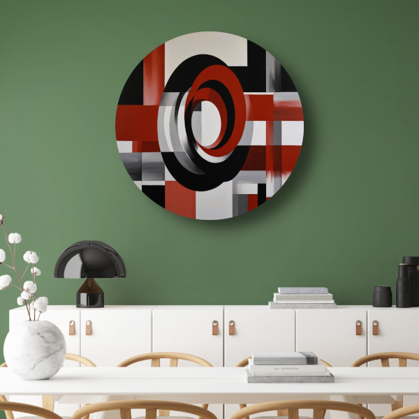 Abstract minimalisme met rode en zwarte cirkels aluminium muurcirkel