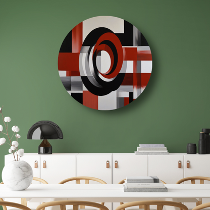 Abstract minimalisme met rode en zwarte cirkels aluminium muurcirkel
