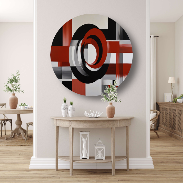 Abstract minimalisme met rode en zwarte cirkels aluminium muurcirkel
