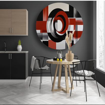 Abstract minimalisme met rode en zwarte cirkels aluminium muurcirkel