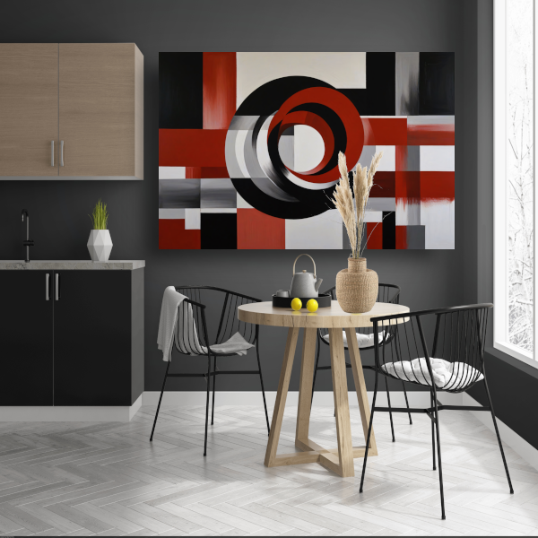 Abstract minimalisme met rode en zwarte cirkels poster