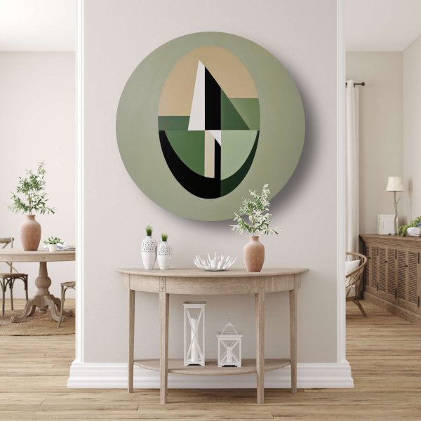 Abstracte Geometrie in Groen en Beige Tinten aluminium muurcirkel