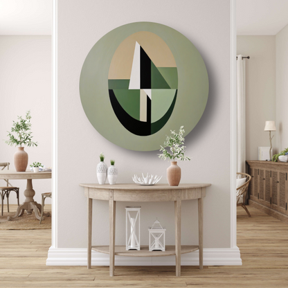 Abstracte Geometrie in Groen en Beige Tinten aluminium muurcirkel