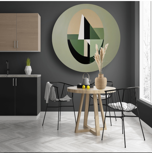 Abstracte Geometrie in Groen en Beige Tinten aluminium muurcirkel