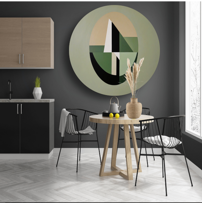 Abstracte Geometrie in Groen en Beige Tinten aluminium muurcirkel