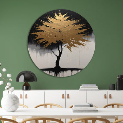 Abstracte Gouden Boom in Monochrome Reflectie aluminium muurcirkel