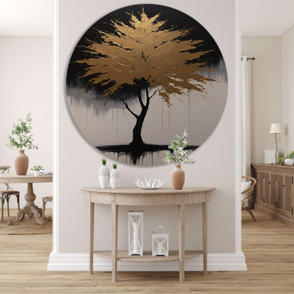 Abstracte Gouden Boom in Monochrome Reflectie aluminium muurcirkel