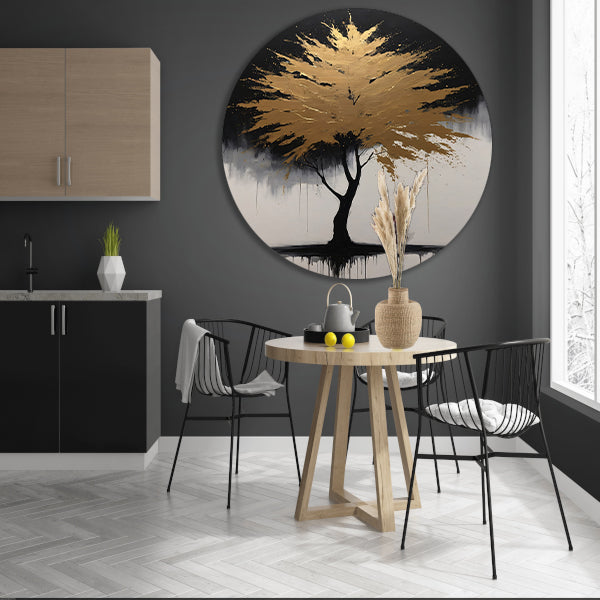 Abstracte Gouden Boom in Monochrome Reflectie aluminium muurcirkel