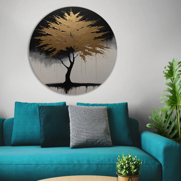 Abstracte Gouden Boom in Monochrome Reflectie aluminium muurcirkel