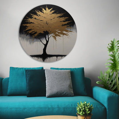 Abstracte Gouden Boom in Monochrome Reflectie aluminium muurcirkel