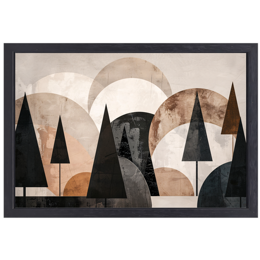 Geometrische bomen in sepia en grijstinten canvas met baklijst