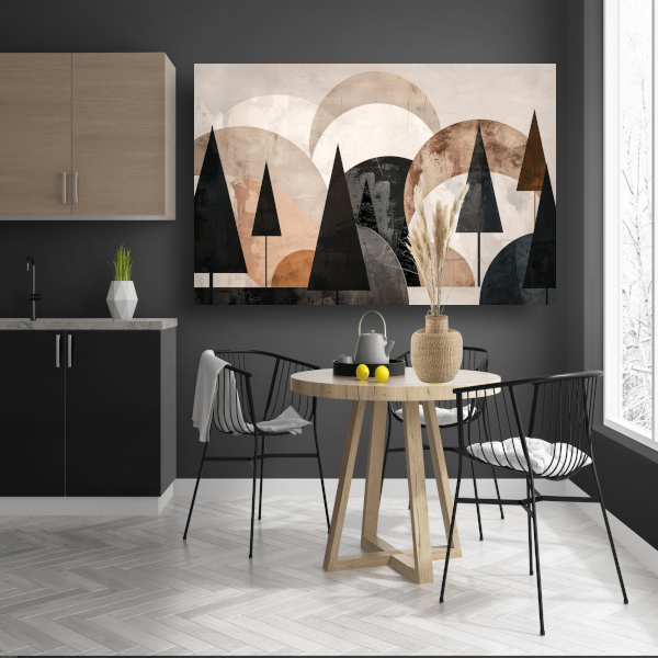Geometrische bomen in sepia en grijstinten canvas met baklijst