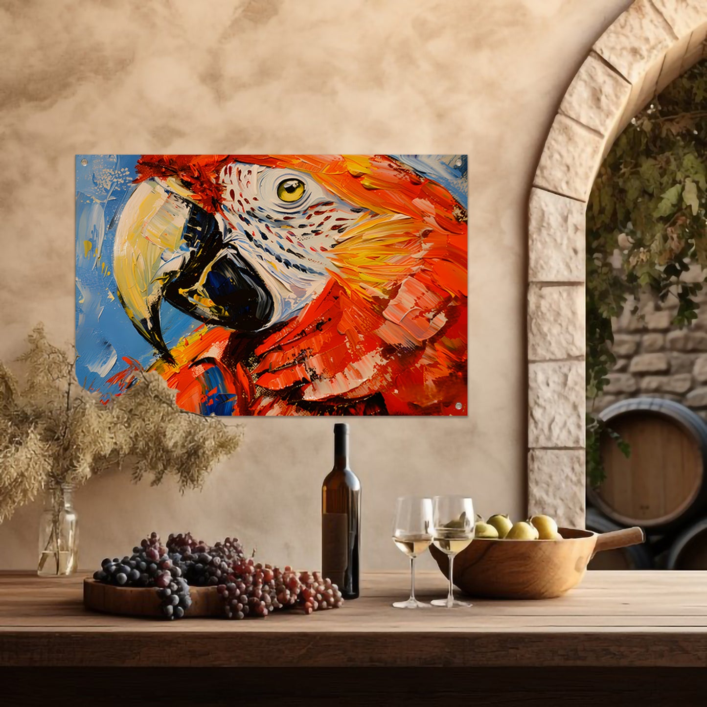 Kleurrijk abstract schilderij van een papegaai tuinposter