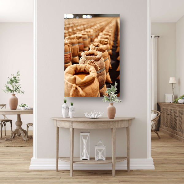 Gestapelde Beige Zakken canvas met baklijst