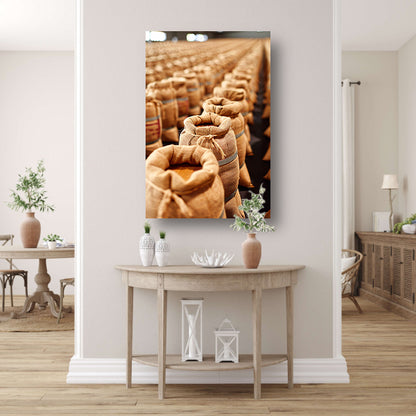 Gestapelde Beige Zakken canvas met baklijst