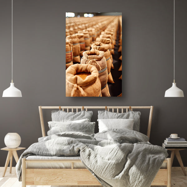 Gestapelde Beige Zakken canvas met baklijst