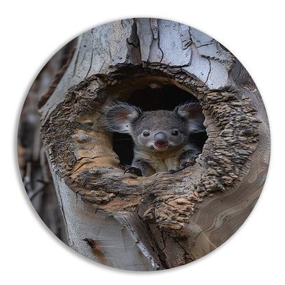 Jonge Koala Verkent de Wereld vanuit Boomholte aluminium muurcirkel