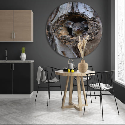 Jonge Koala Verkent de Wereld vanuit Boomholte aluminium muurcirkel