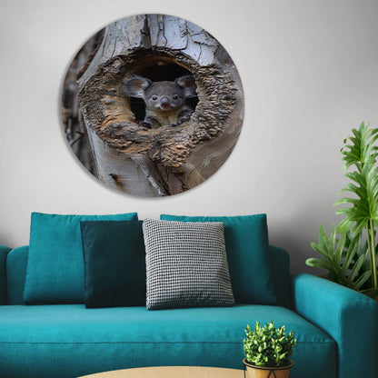 Jonge Koala Verkent de Wereld vanuit Boomholte aluminium muurcirkel