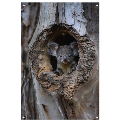 Jonge Koala Verkent de Wereld vanuit Boomholte tuinposter