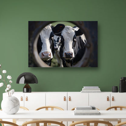 Nieuwsgierige koeien kijken door sleutelgat canvas