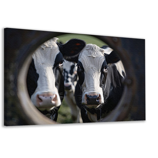 Nieuwsgierige koeien kijken door sleutelgat canvas