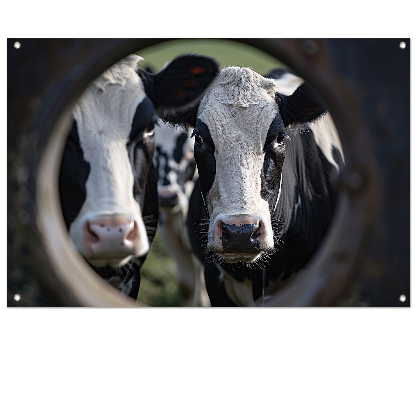 Nieuwsgierige koeien kijken door sleutelgat tuinposter