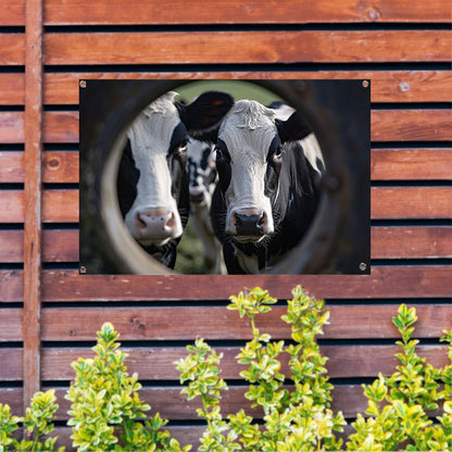 Nieuwsgierige koeien kijken door sleutelgat tuinposter