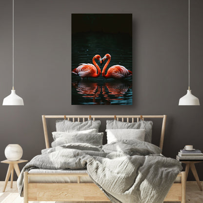 Twee felgekleurde flamingo’s in donkere water canvas met baklijst