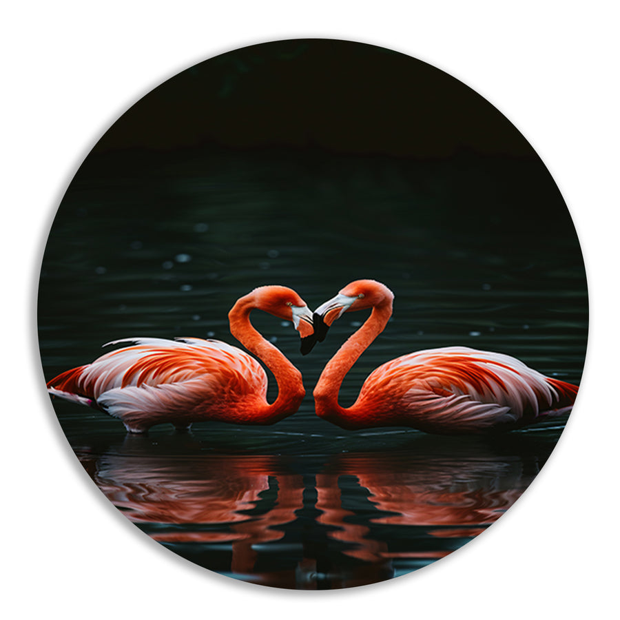 Twee felgekleurde flamingo’s in donkere water aluminium muurcirkel