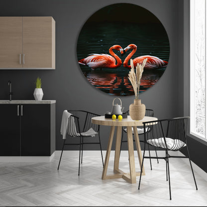 Twee felgekleurde flamingo’s in donkere water forex muurcirkel