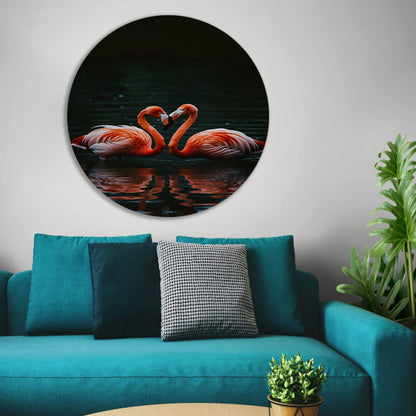 Twee felgekleurde flamingo’s in donkere water forex muurcirkel