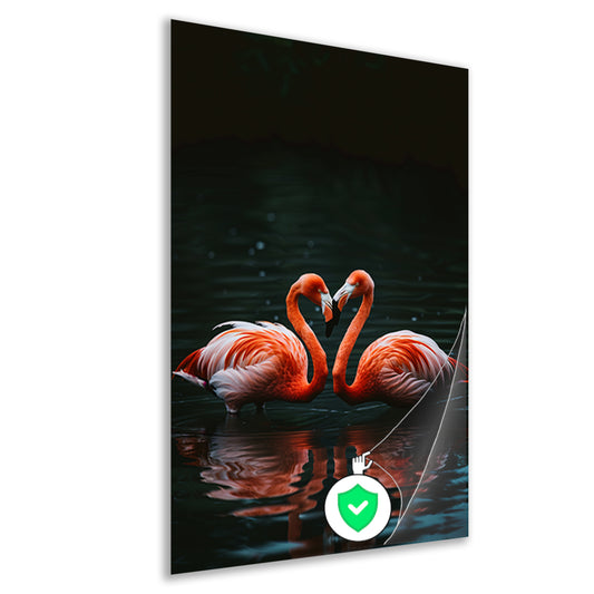 Twee felgekleurde flamingo’s in donkere water poster