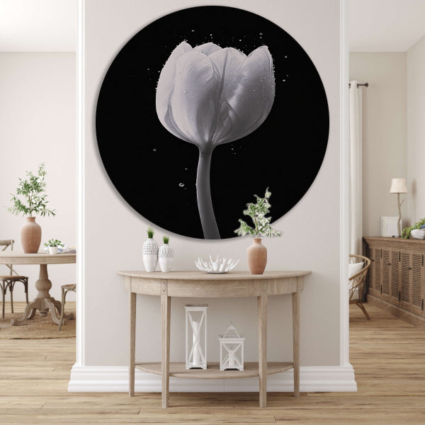 Minimalistische witte tulp met waterdruppels forex muurcirkel